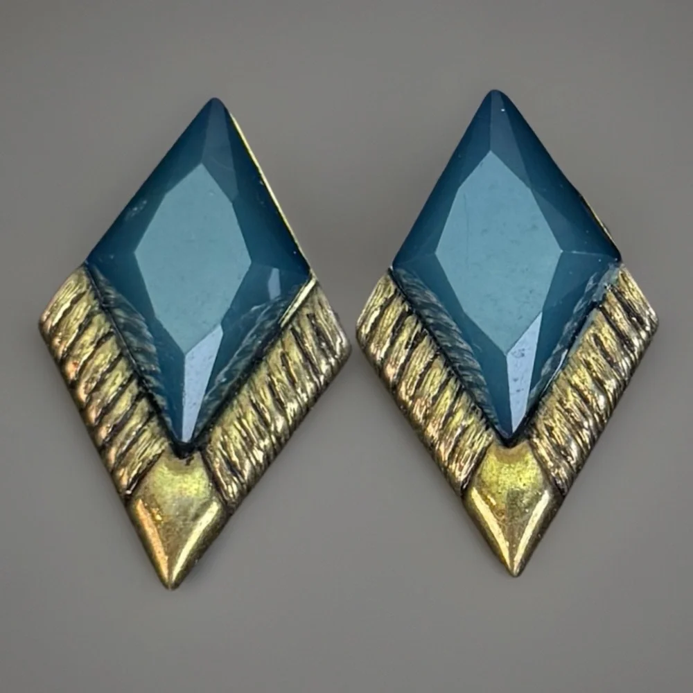 Vintage Teal Blue Aged Goldtone Geometric Pierced Earrings